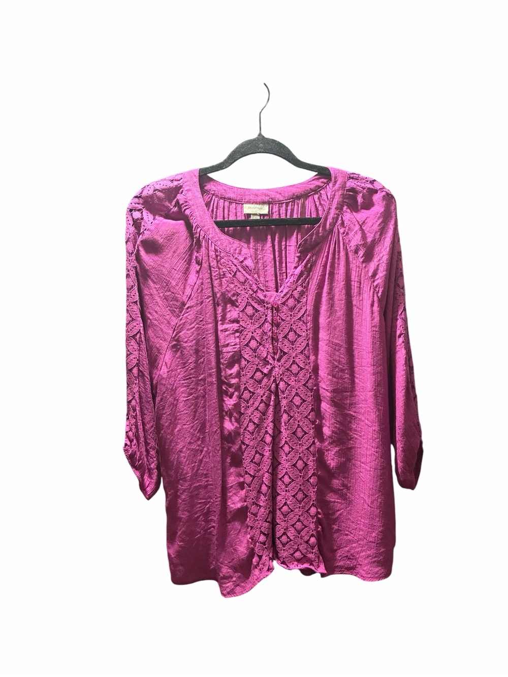 Avenue Womens Fuchsia Crochet-Front Blouse